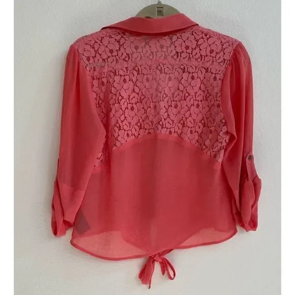 Womens Orange Sheer Tie Front Button Up Lace Back in size Medium - Picture 2 of 7